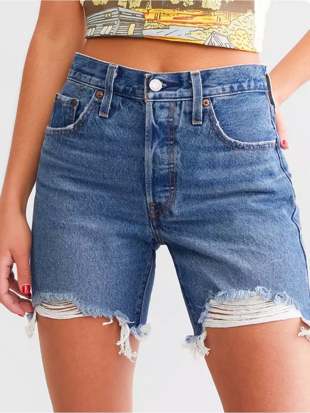 Levi's Medium Blue Distressed High-Rise Jean Shorts